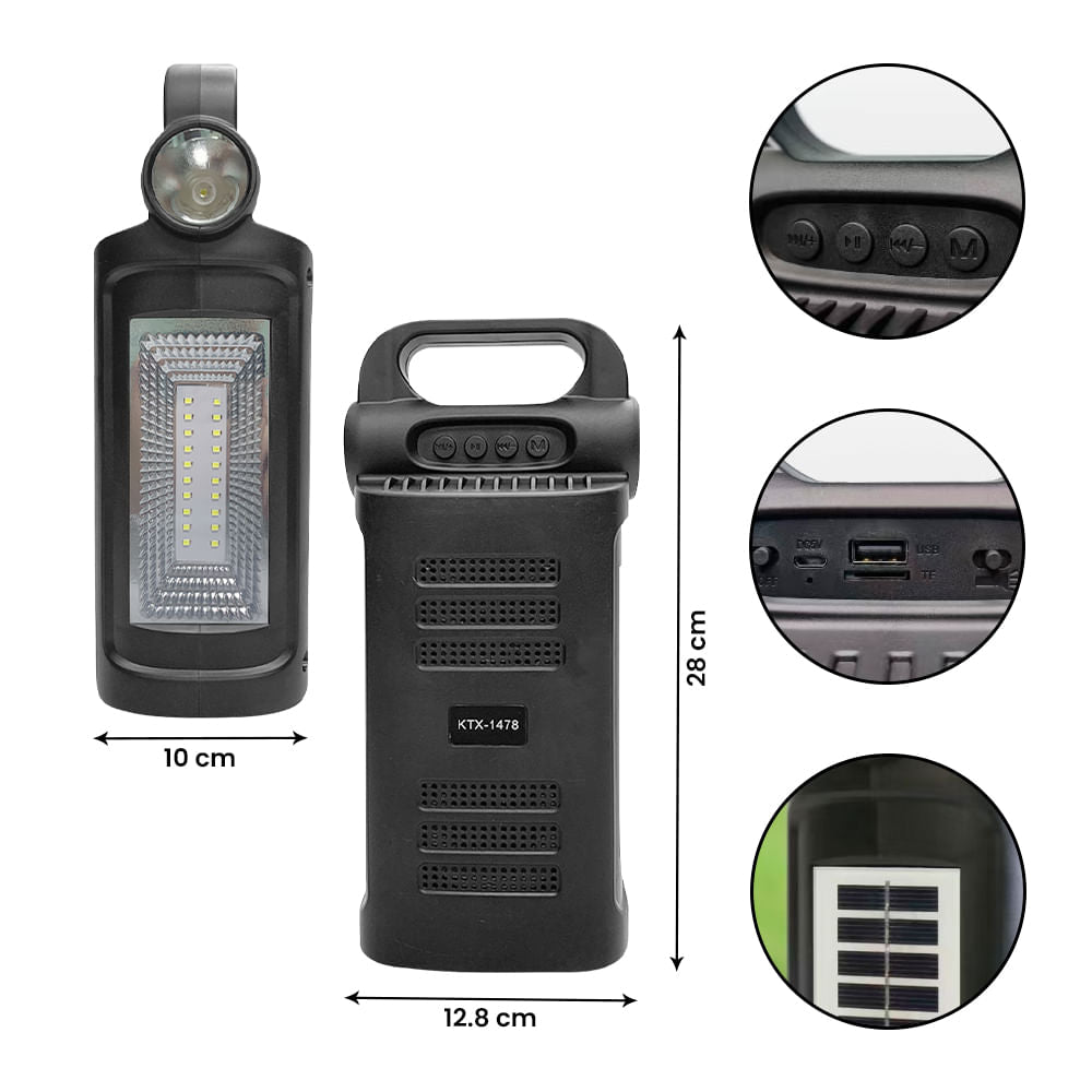 BOCINA BLUETOOTH CON 2 LINTERNAS Y PANEL SOLAR