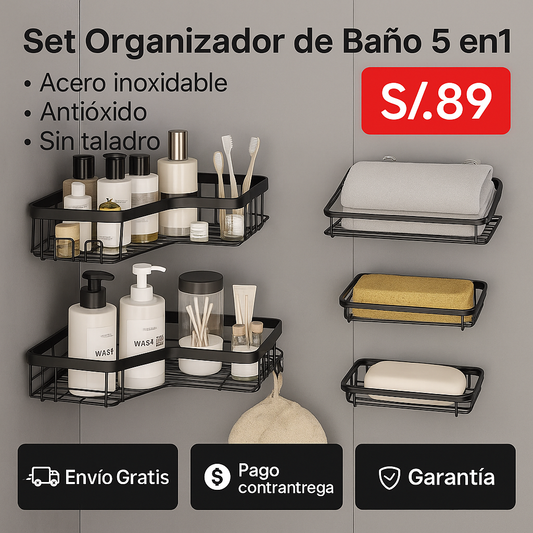 ESTANTE ORGANIZADOR ESQUINERO ANTIOXIDO PARA DUCHA PARED DE BAÑO X 5 PIEZAS - KIT COMPLETO
