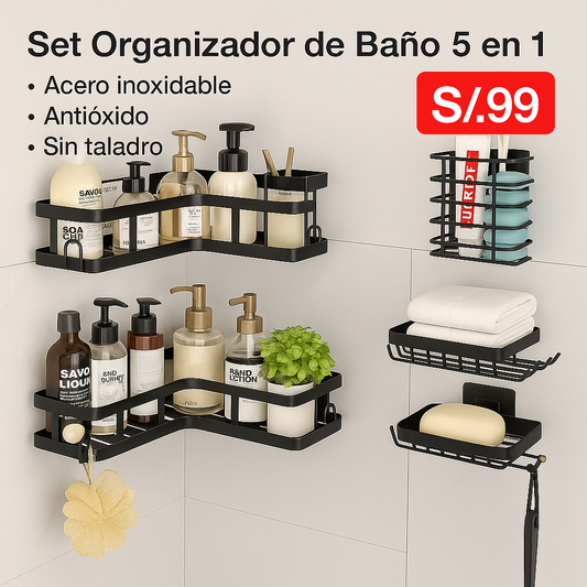 ESTANTE ORGANIZADOR ESQUINERO ANTIOXIDO PARA DUCHA PARED DE BAÑO X 5 PIEZAS - KIT COMPLETO