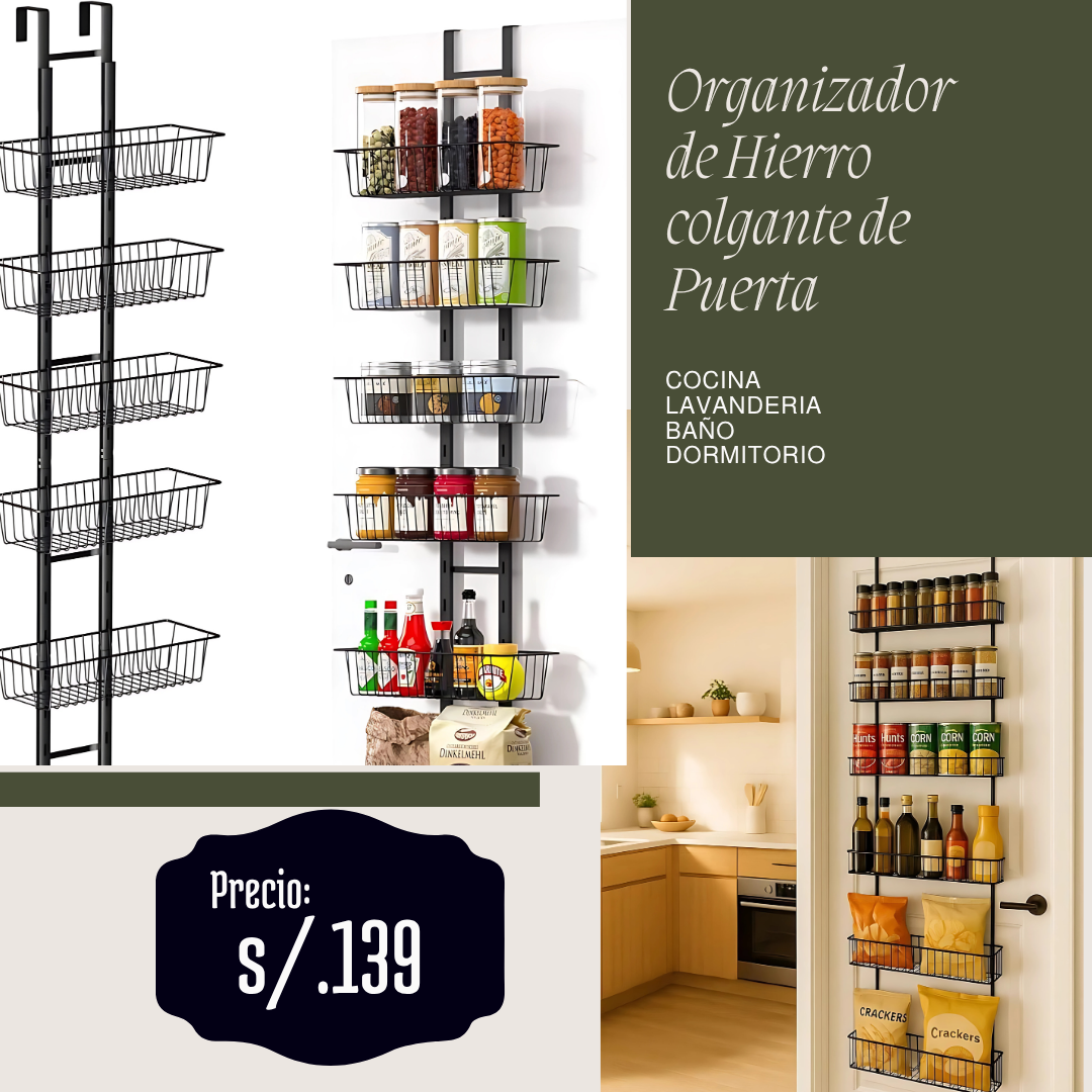Organizador de despensa sobre la puerta con cestas ajustables de 6 niveles, metal resistente , organizadores de cocina, dormitorio, baño y lavandería.