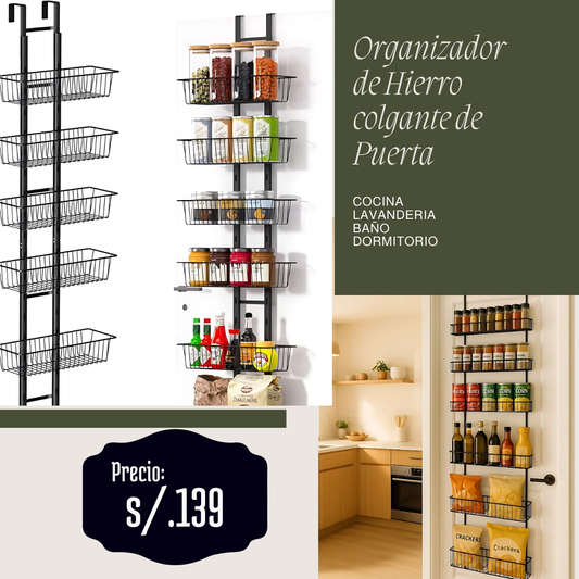 Organizador de despensa sobre la puerta con cestas ajustables de 6 niveles, metal resistente , organizadores de cocina, dormitorio, baño y lavandería.