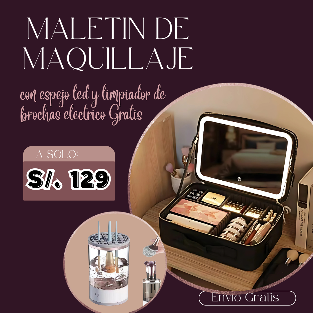 MALETÍN DE MAQUILLAJE CON ESPEJO Y LUZ LED💡💄+ LIMPIADOR DE BROCHAS ELÉCTRICO